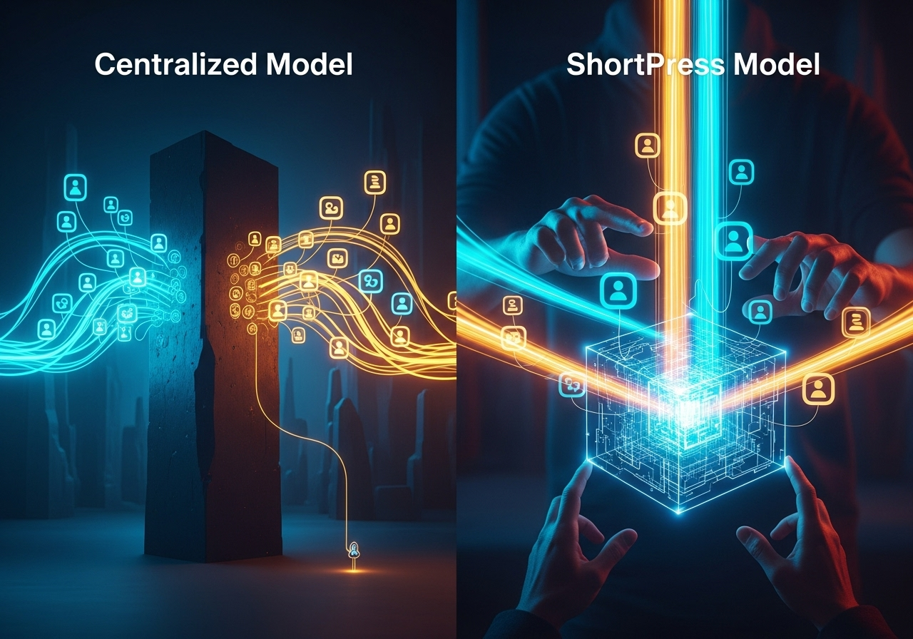 A diagram comparing centralized vs. ShortPress self-hosted models, highlighting creator ownership.